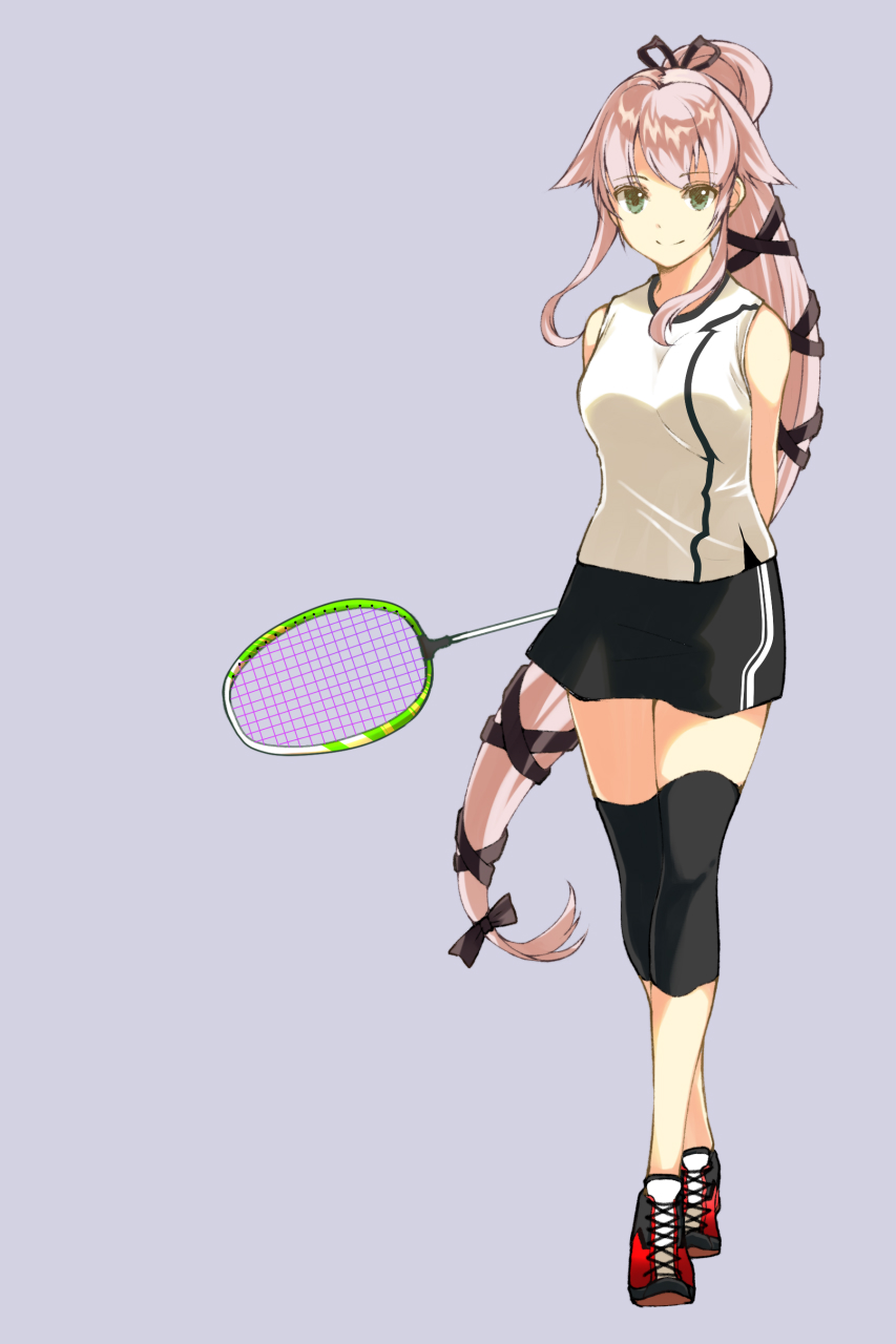 1girl, alternate_costume, aqua_eyes, arms_behind_back, full_body, grey_background, hair_ribbon, highres