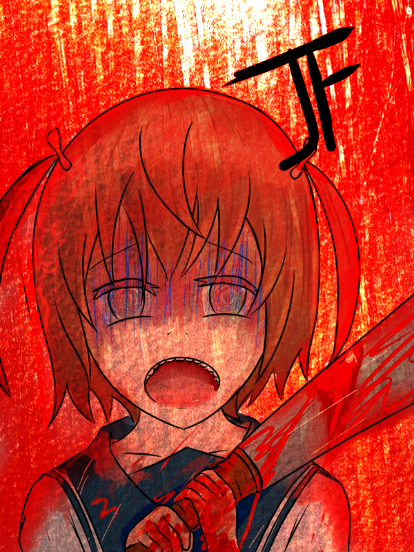 1girl, bat, blood, blood_on_face, bloody_clothes, brown_hair, confused, denki-gai_no_hon'ya-san, fu-girl, open_mouth, school_uniform, short_hair