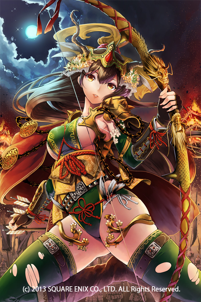 1girl, arrow, bow_(weapon), breasts, brown_hair, chinese_clothes, clouds, cowboy_shot