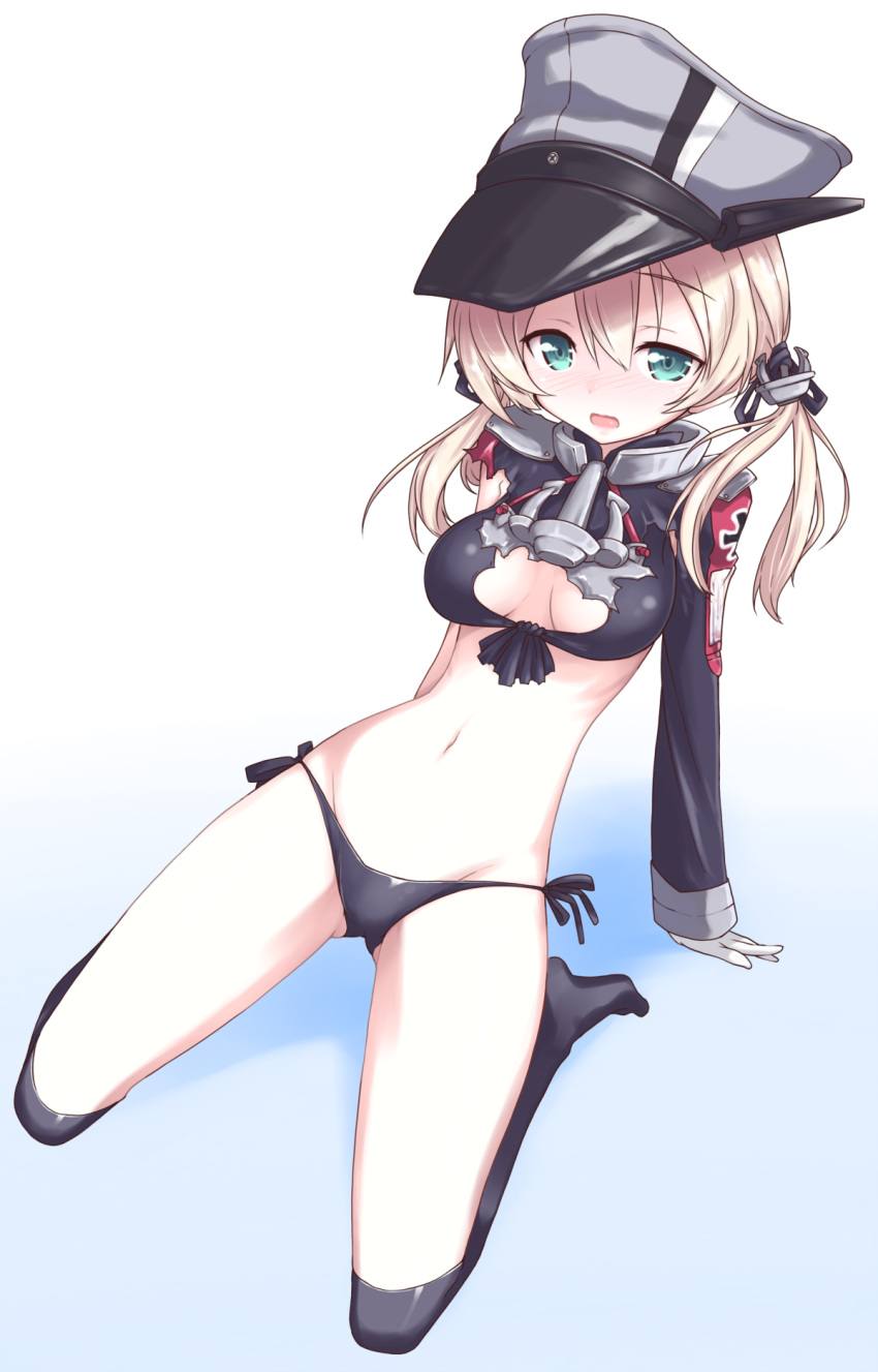 1girl, adapted_costume, anchor_hair_ornament, arm_support, bikini, black_legwear, blush, cleavage_cutout