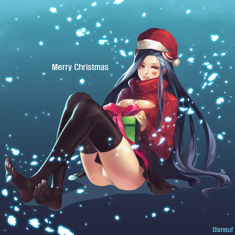 1girl, artist_name, black_legwear, box, breasts, cleavage, eirashard, gift