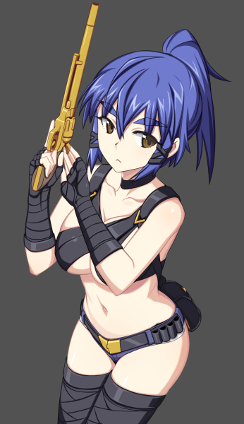 1girl, :<, akari_(treasure_hunter_akari), bare_shoulders, belt, belt_pouch, black_legwear, blue_hair