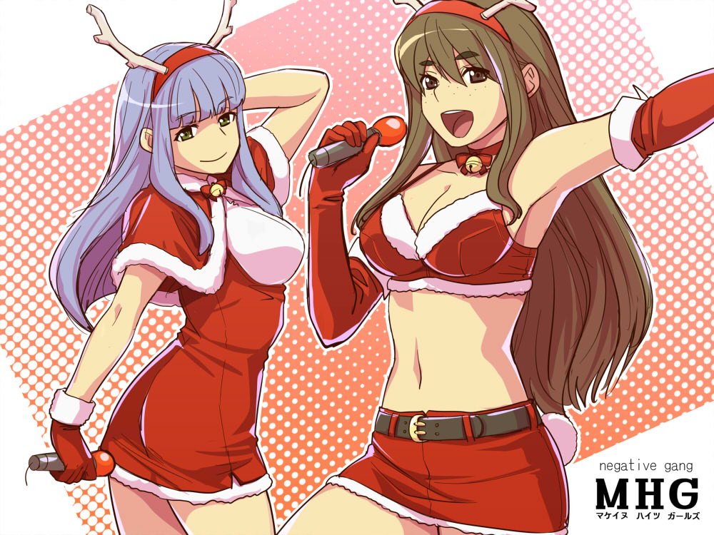2girls, antlers, blush, brown_eyes, brown_hair, christmas, dress, elbow_gloves
