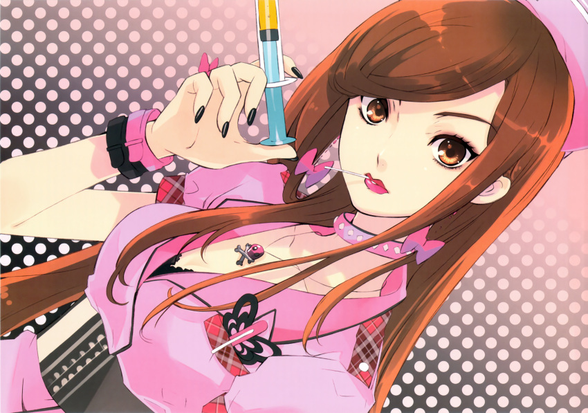 bra, brown_eyes, brown_hair, choker, duplicate, eyeshadow, fingernails, fujitsubo-machine