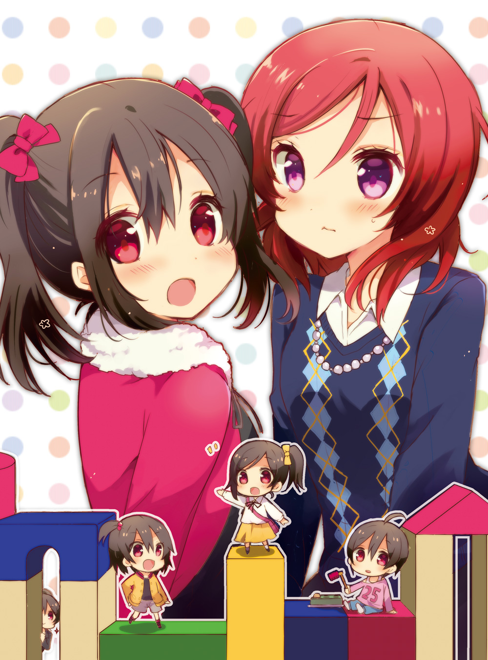 1boy, 5girls, blush, brother_and_sister, highres, jewelry, looking_at_viewer, love_live!_school_idol_project