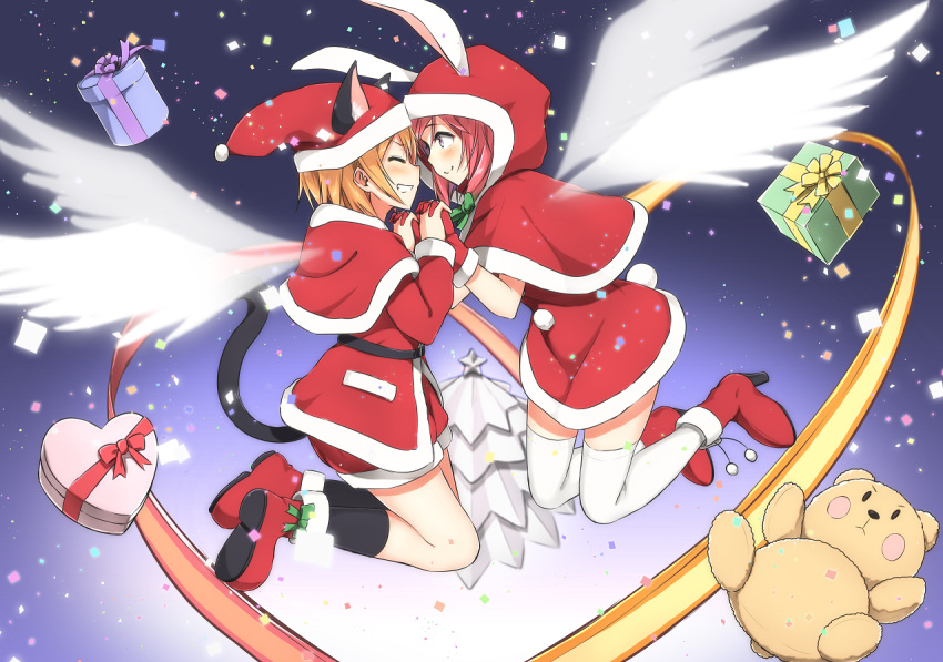 blush, boots, christmas, gift, gloves, hat, hoshizora_rin, long_hair