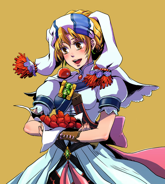 blonde_hair, blush, dress, earrings, elena_(grandia), food, grandia, grandia_ii