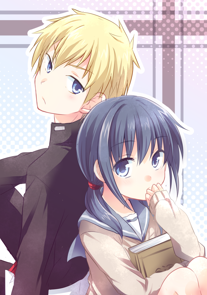 1boy, 1girl, back-to-back, black_hair, blonde_hair, blue_eyes, book, cardigan