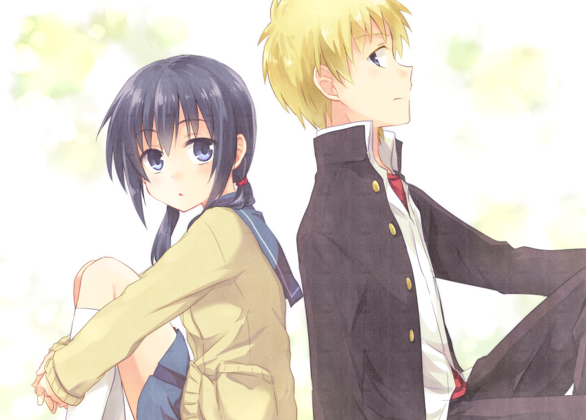 1boy, 1girl, back-to-back, black_hair, blonde_hair, blue_eyes, cardigan, corpse_party