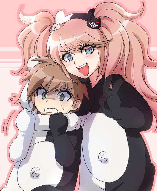 1boy, 1girl, animal_costume, bear_costume, blue_eyes, blush, brown_hair, dangan_ronpa