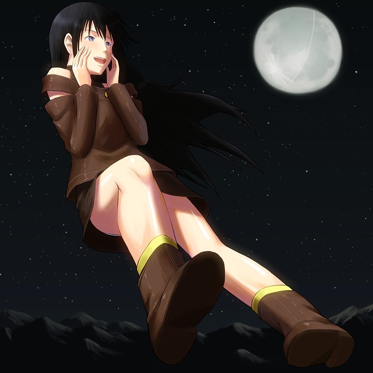 1girl, amami_christmas, black_hair, blush, bonnie_(rsg), full_moon, kurau_phantom_memory, long_hair