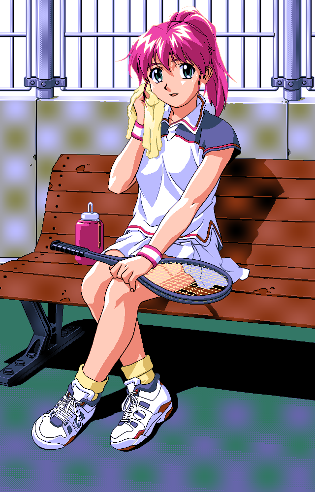 game_cg, green_eyes, mahjong_sports_line, pc98, pink_hair, ponytail, purple_hair, racket, shoes, sitting, sneakers, solo, sportswear, sweat, tennis, tennis_racket, tennis_uniform, towel, wiping_face, wristband