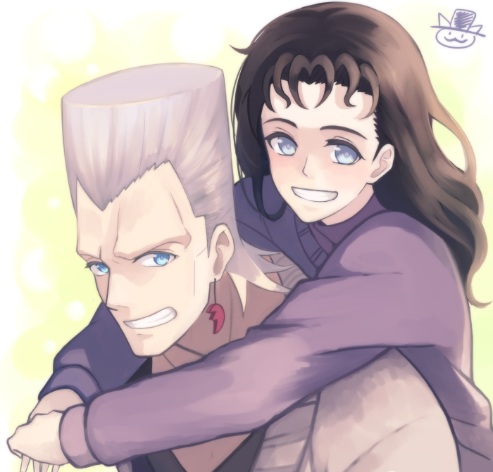 1boy, 1girl, black_hair, blue_eyes, brother_and_sister, cherie_polnareff, grey_hair, higeneko_(pluie)