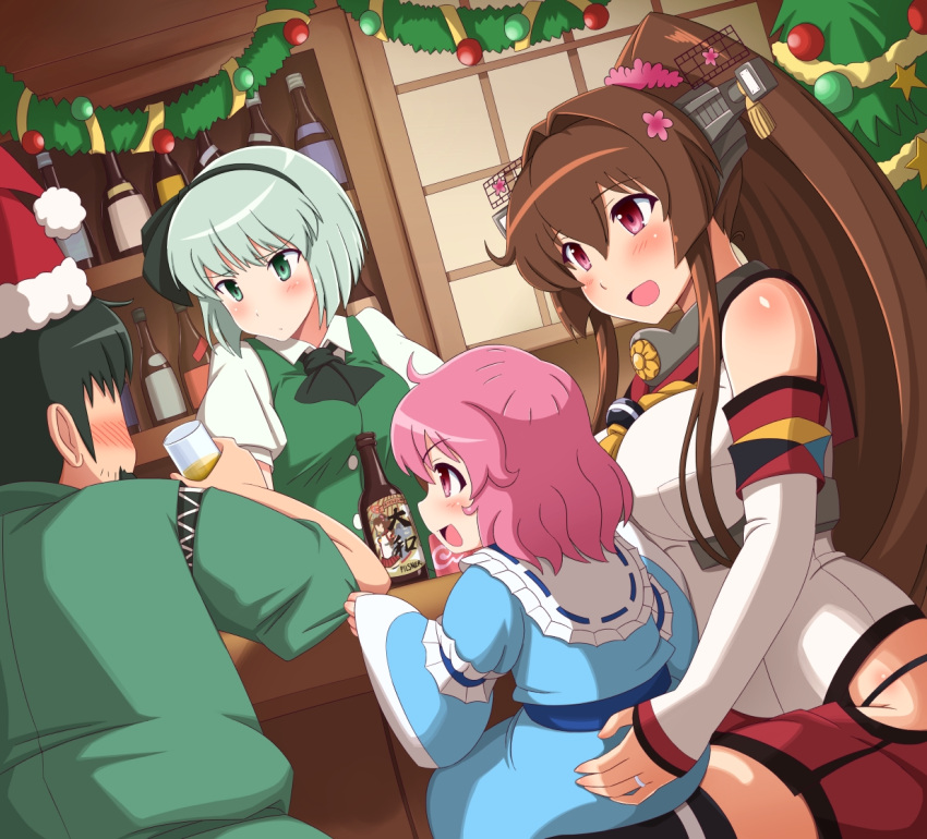 1boy, 3girls, artist_self-insert, blue_eyes, brown_hair, christmas, christmas_tree, detached_sleeves