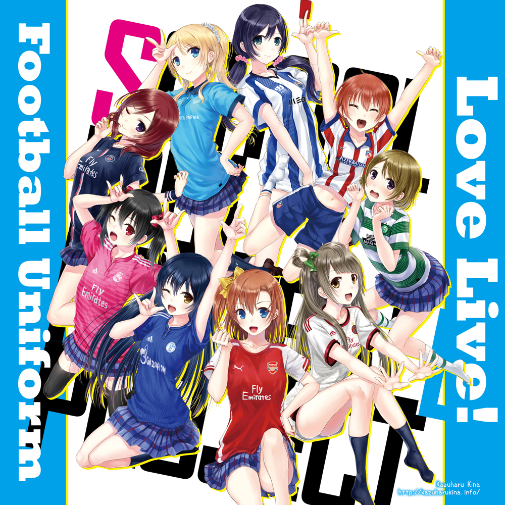 6+girls, :d, artist_name, ayase_eli, black_hair, black_legwear, blonde_hair, blue_eyes