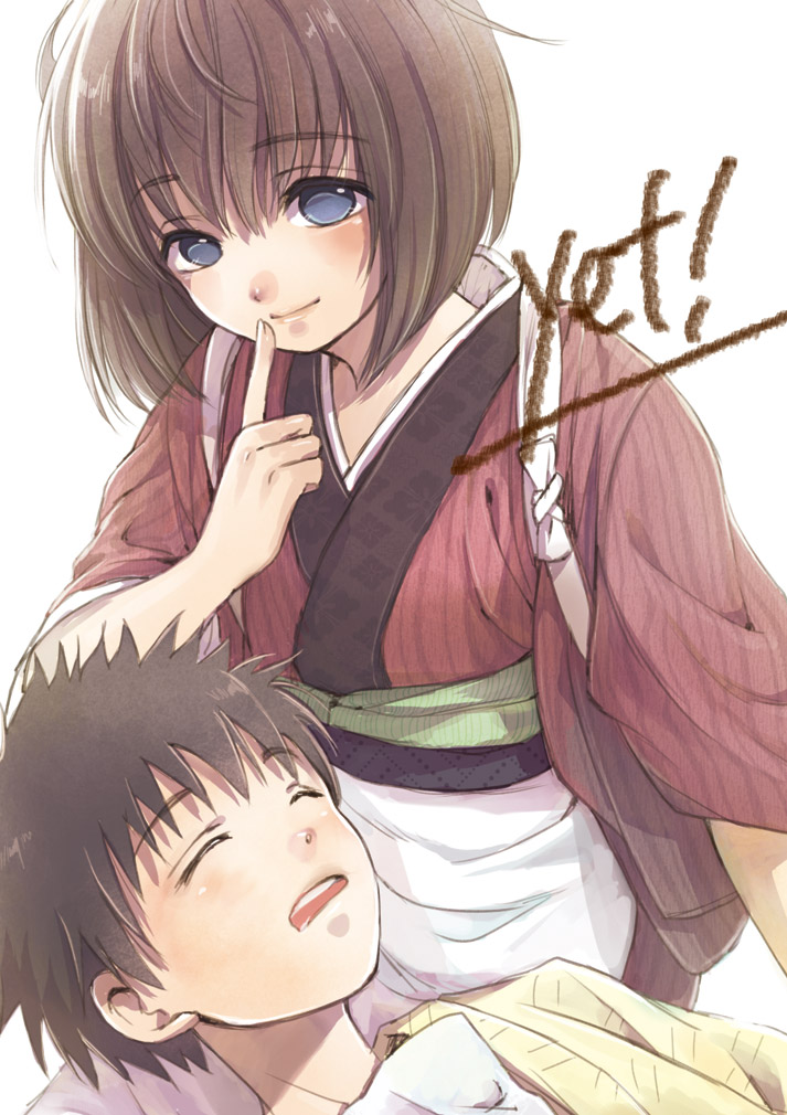 1boy, 1girl, apron, blue_eyes, brown_hair, closed_eyes, finger_to_mouth, japanese_clothes