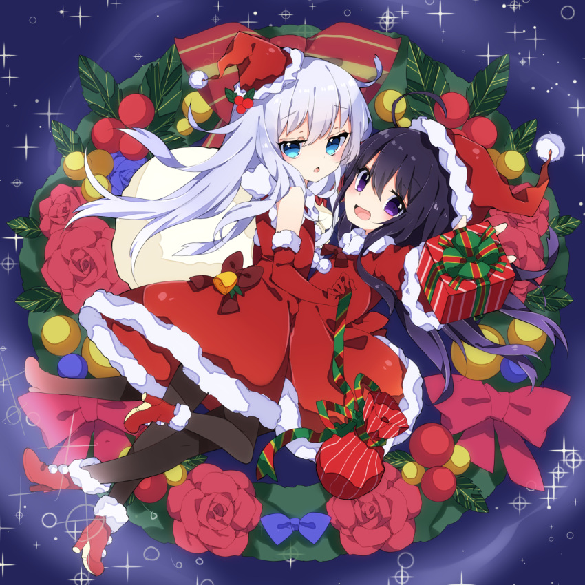 2girls, ahoge, akatsuki_(kantai_collection), alternate_costume, alternate_headwear, aqua_eyes, aqua_hair, black_legwear, box, chico152, christmas, dress, elbow_gloves, fur_trim, gift, gift_box, gloves, hat, hibiki_(kantai_collection), highres, holding_hands, kantai_collection, long_hair, looking_at_viewer, looking_back, mini_santa_hat, multiple_girls, pantyhose, purple_hair, red_boots, red_dress, red_gloves, santa_boots, santa_costume, santa_hat, violet_eyes