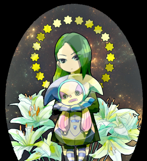 1boy, 1girl, black_eyes, flower, green_hair, inazuma_eleven_(series), inazuma_eleven_go, inazuma_eleven_go_galaxy, long_hair, looking_at_viewer, mizukawa_minori, potomuri, space, standing, star, tori_(alpaca-alpaca)