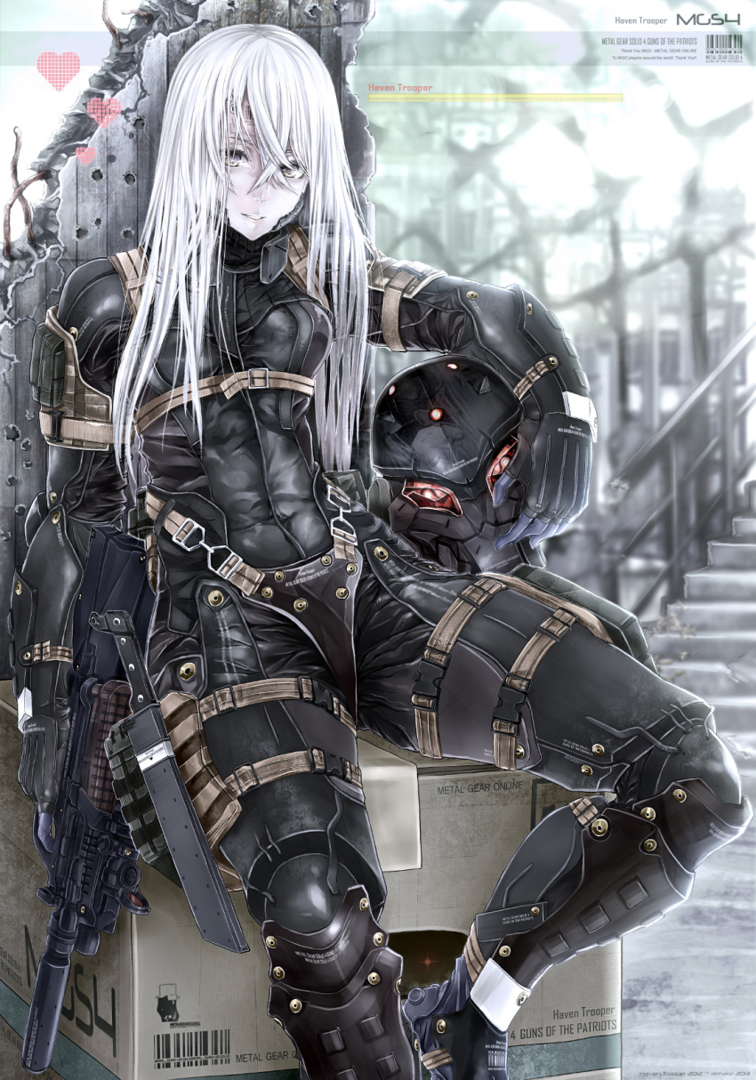 1girl, asuke_yuki, barcode, bodysuit, box, bullpup, cardboard_box, combat_knife