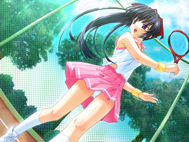 game_cg, hair_ribbon, kimi_to_koishite_musubarete, open_mouth, tennis, tennis_racket, wristband