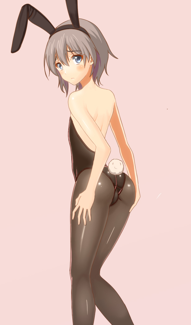 1boy, animal_ears, ass, bare_back, bare_shoulders, black_legwear, blue_eyes, blush, bunny_tail, bunnysuit, grey_hair, looking_at_viewer, pantyhose, pink_background, rabbit_ears, short_hair, solo, tail, takahirokun, totsuka_saika, trap, yahari_ore_no_seishun_lovecome_wa_machigatteiru.
