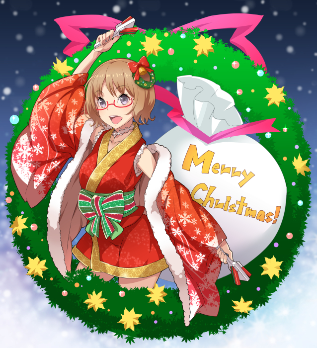 1girl, arm_up, brown_hair, clacker, cowboy_shot, don_michael, glasses, hair_ornament
