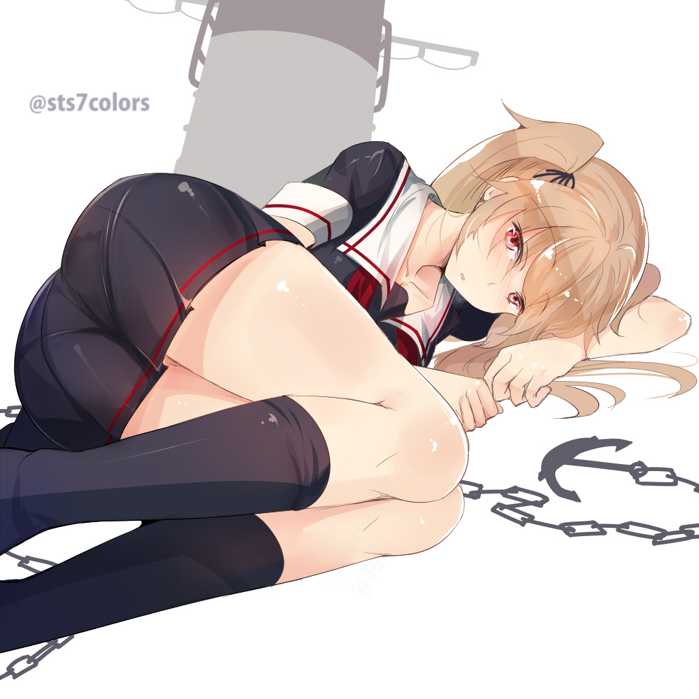 1girl, anchor, ass, black_legwear, blonde_hair, chain, collarbone, hair_ribbon