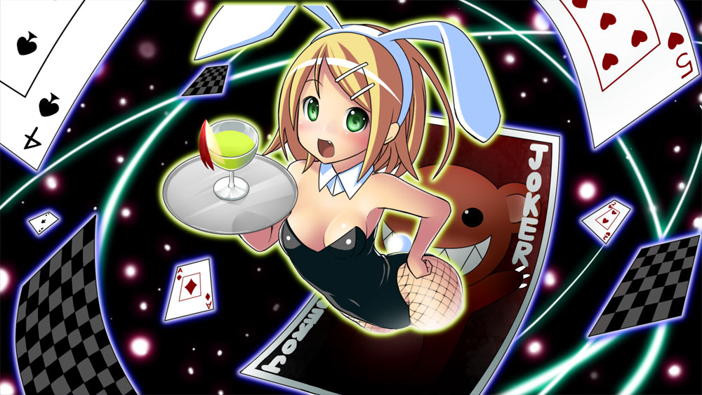 blonde_hair, bunny_ears, bunny_girl, bunny_tail, bunnysuit, card, fishnet_pantyhose, fishnets