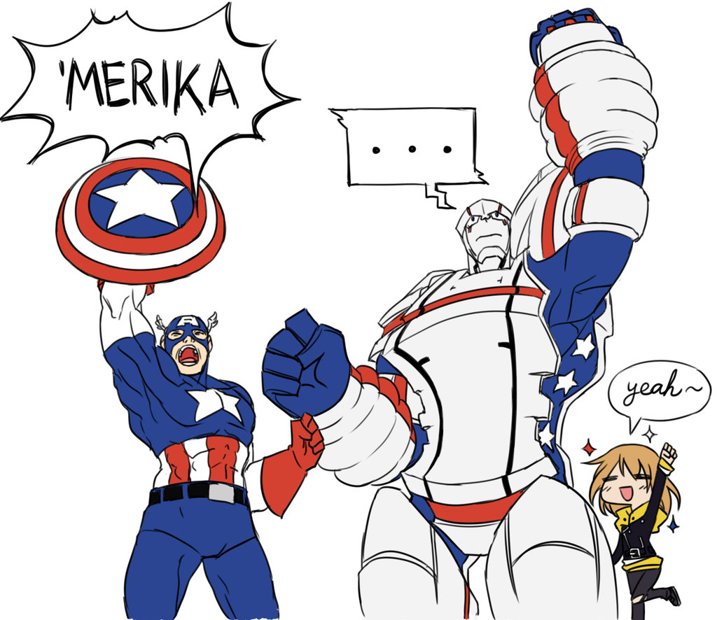2boys, arm_up, captain_america, creator_connection, crossover, heroman, heroman_(robot), joey_jones