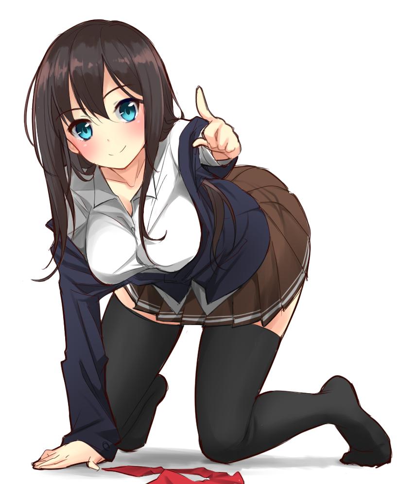 1girl, all_fours, black_legwear, blue_eyes, blush, breasts, brown_hair, collarbone
