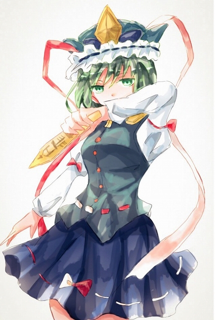 1girl, aridamikannn, blouse, covering_mouth, cowboy_shot, green_eyes, green_hair, hat, long_sleeves, looking_at_viewer, puffy_sleeves, rod_of_remorse, shiki_eiki, short_hair, skirt, skirt_set, solo, touhou, vest, white_background