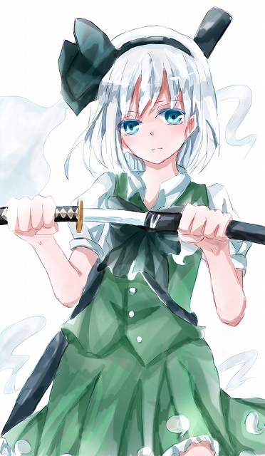 1girl, aridamikannn, blouse, blue_eyes, bowtie, cowboy_shot, expressionless, hairband, hitodama, katana, konpaku_youmu, konpaku_youmu_(ghost), looking_at_viewer, puffy_sleeves, scabbard, sheath, short_hair, skirt, skirt_set, sword, touhou, unsheathing, vest, weapon, white_background, white_hair
