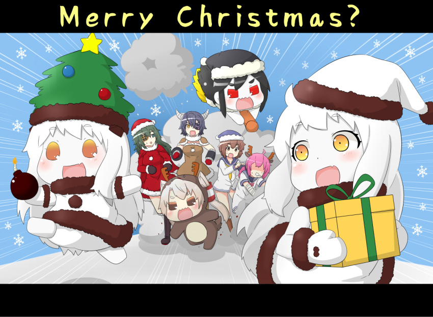 5girls, :d, ahoge, alternate_costume, amatsukaze_(kantai_collection), animal_costume, antlers, bandaged_arm, battleship-symbiotic_hime, black_hair, braid, broom, brown_eyes, brown_hair, buffaloman, buffaloman_(cosplay), chasing, commentary_request, dress, eyepatch, fleeing, giftbox, green_eyes, green_hair, hair_tubes, hat, kantai_collection, kinnikuman, kiso_(kantai_collection), long_hair, multiple_girls, nenohi_(kantai_collection), northern_ocean_hime, open_mouth, orange_eyes, pink_hair, ponytail, puchimasu!, red_eyes, reindeer_costume, riding, running, santa_costume, santa_hat, school_uniform, serafuku, shinkaisei-kan, short_hair, silver_hair, single_braid, smile, sweat, tenryuu_(kantai_collection), two_side_up, white_dress, white_hair, white_skin, yellow_eyes, yukikaze_(kantai_collection), yuureidoushi_(yuurei6214)