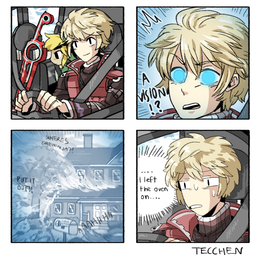 black_eyes, blonde_hair, bush, chimney, clouds, door, driving, english, fire, glowing, glowing_eyes, house, kirby, kirby_(series), link, long_sleeves, mailbox, monado, porch, seatbelt, shulk, stairs, super_smash_bros., sweat, tecchen, the_legend_of_zelda, toon_link, tree, window, xenoblade