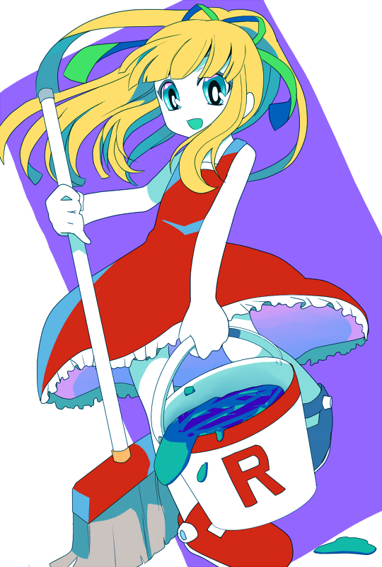 1girl, blonde_hair, blue_eyes, broom, bucket, dress, frills, hair_ribbon