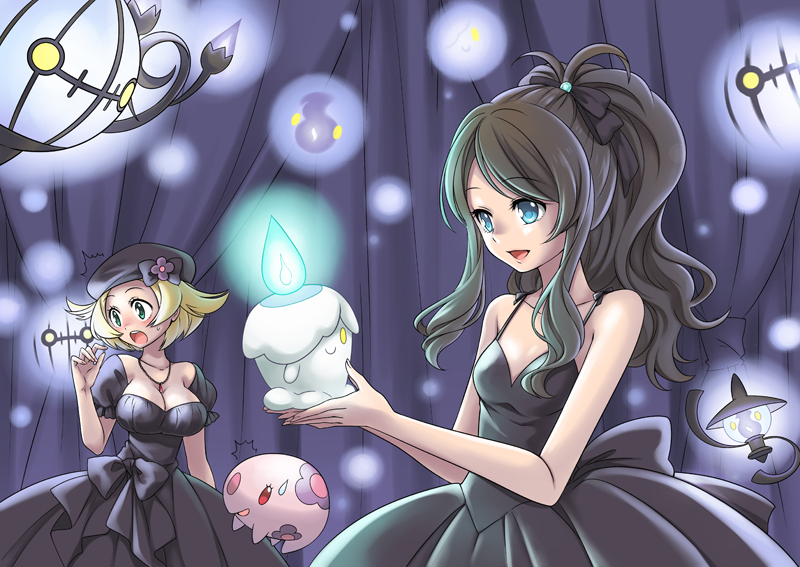 2girls, bare_shoulders, bel_(pokemon), black_hair, blonde_hair, blue_eyes, breasts, chandelure