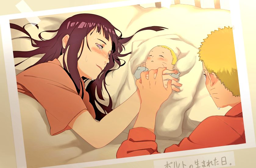 1girl, 2boys, baby, black_hair, blanket, blonde_hair, dashi_(minzoku_gb), facial_mark