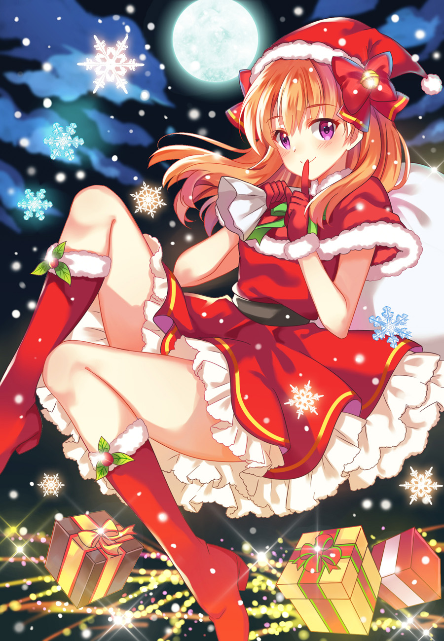 1girl, boots, bow, box, christmas, frills, full_moon, gekkan_shoujo_nozaki-kun