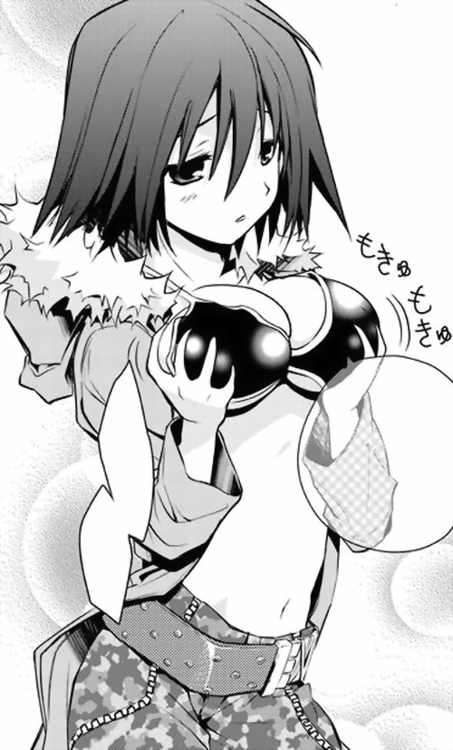 breast_grab, breasts, camouflage, cleavage, coat, fur, haru_haru, large_breasts