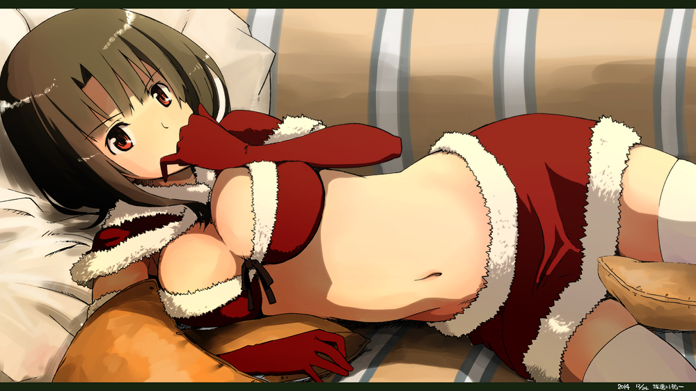 1girl, alternate_costume, breasts, brown_hair, cleavage, elbow_gloves, gloves, kantai_collection