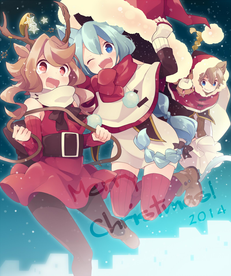 2014, 3girls, ;d, antlers, asari_toko, blue_eyes, blue_hair, blush