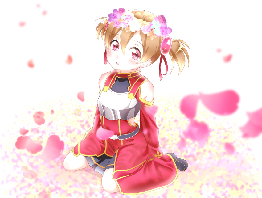 1girl, black_legwear, breastplate, brown_hair, head_wreath, luna_(mi-chanman), red_eyes, short_hair