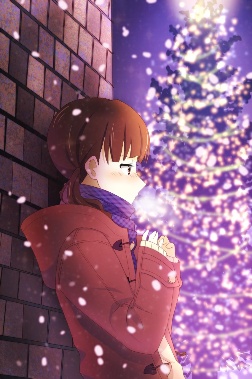 1girl, absurdres, brown_eyes, brown_hair, christmas_tree, coat, extra, highres