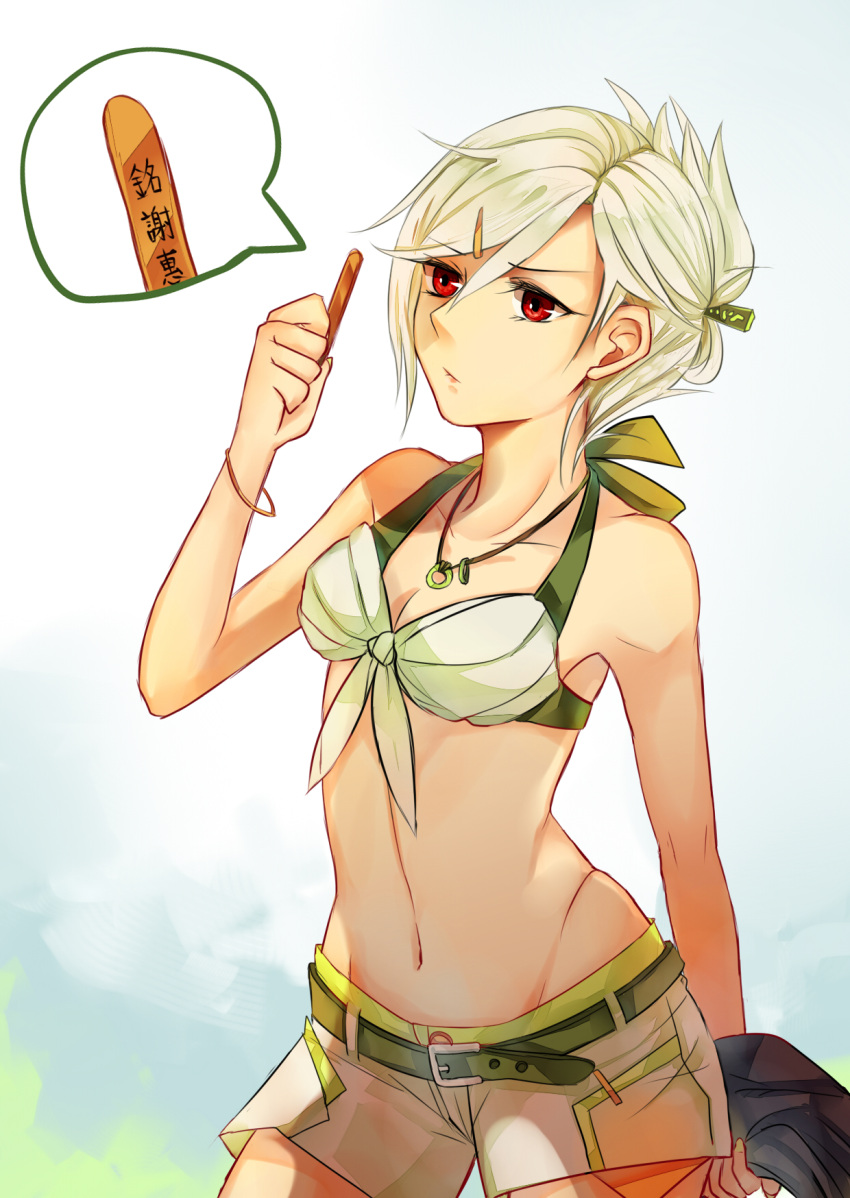 1girl, alternate_costume, bare_shoulders, breasts, cleavage, denim, denim_shorts, front-tie_top, hair_up, highres, league_of_legends, looking_to_the_side, midriff, red_eyes, riven_(league_of_legends), serious, short_hair, shorts, solo, translation_request, white_hair, yosuki_(yo_sukan)