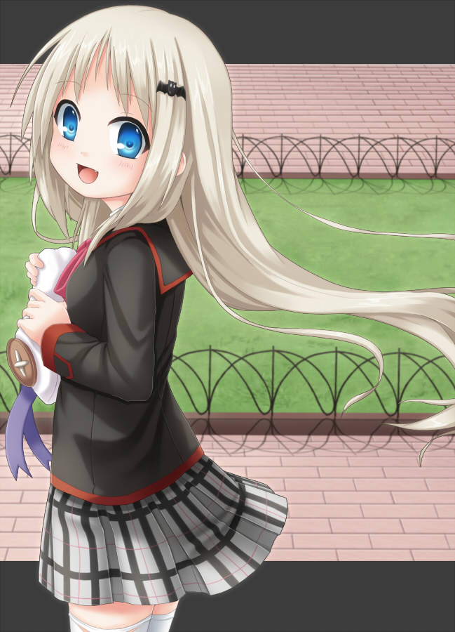 1girl, ayami_(ayanoayanosuke), blonde_hair, blue_eyes, fang, hat, hat_removed, headwear_removed