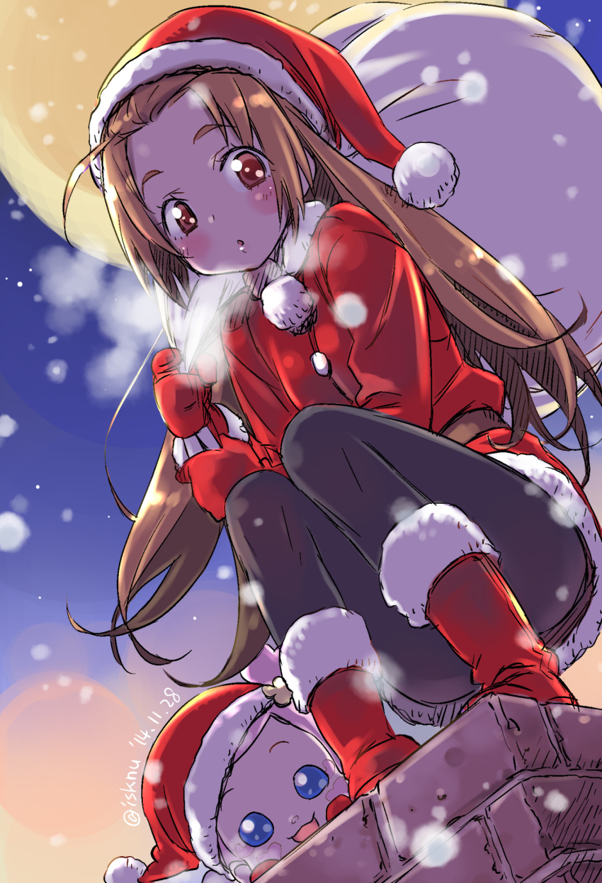 1girl, ai-chan_(dokidoki!_precure), black_legwear, blush, brown_hair, christmas, dokidoki!_precure, female