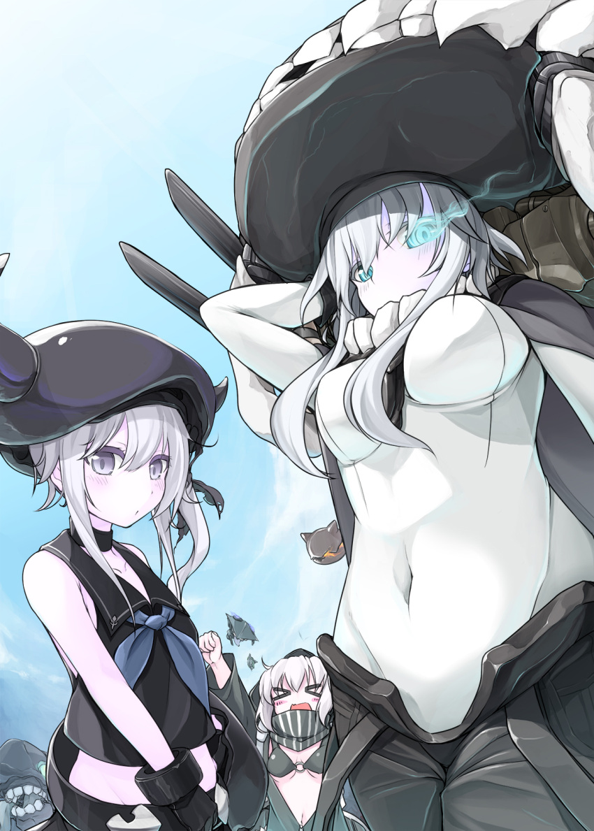 >_<, 3girls, bikini_top, blue_eyes, blush, bodysuit, breasts, choker