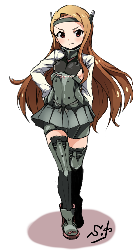 1girl, brown_hair, cosplay, idolmaster, kantai_collection, long_hair, minase_iori, red_eyes