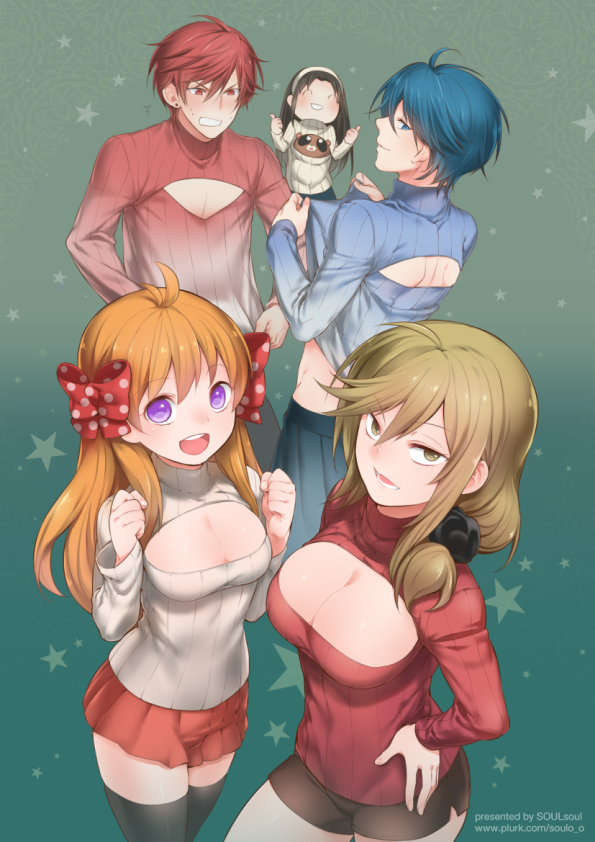 1boy, 4girls, black_hair, black_legwear, blonde_hair, blue_eyes, blue_hair, bow