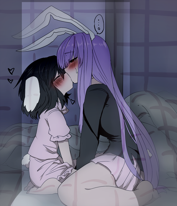 2girls, animal_ears, black_hair, blazer, blush, closed_eyes, heart, inaba_tewi